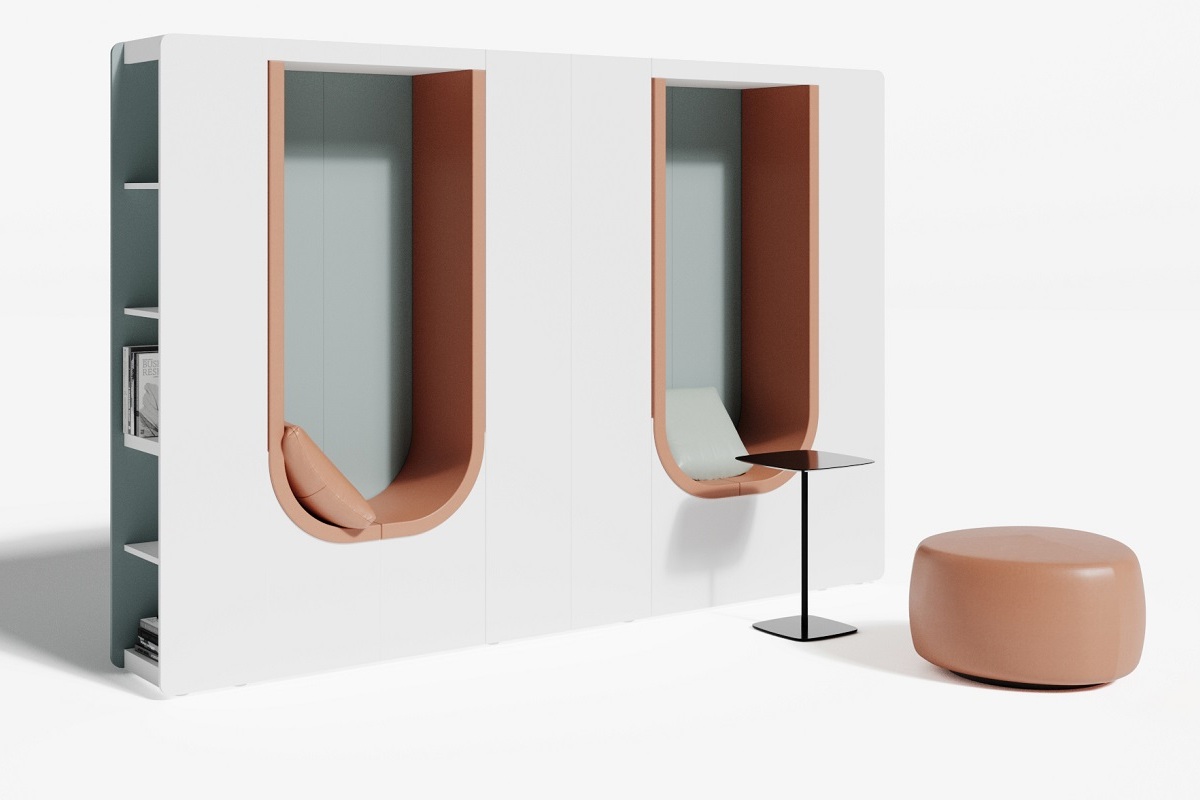 Композиция гардероб и две мягких ниши с боковыми стеллажами ART907.U604