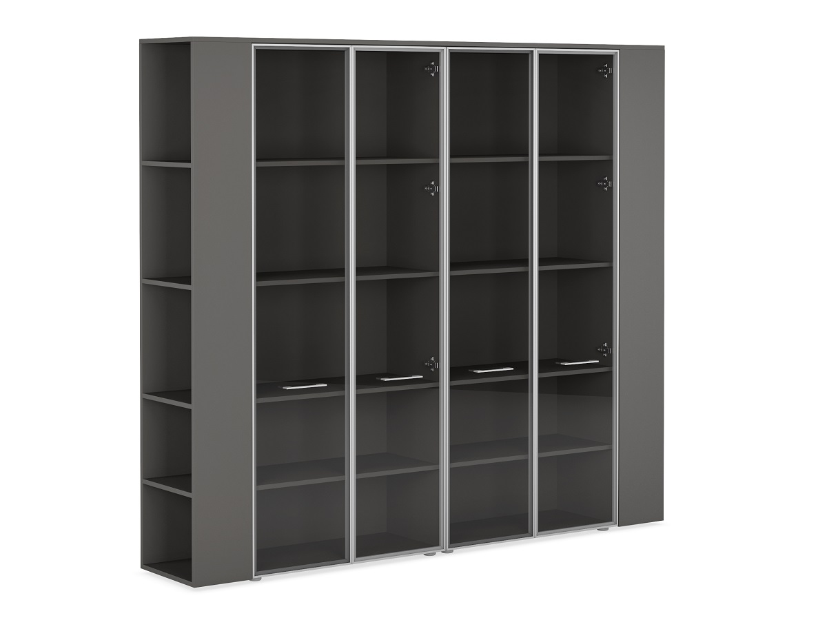 Двойной шкаф комбинированный с боковыми стеллажами (двери в ал. рамке, стекло прозрачное) JNO938.ANT