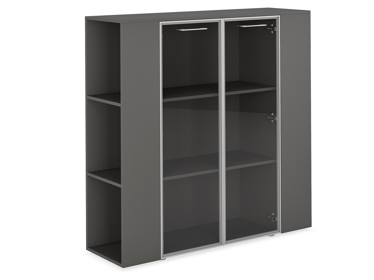 Шкаф средний универсальный с боковыми стеллажами  (двери в ал. рамке, стекло прозрачное) JNO928.ANT