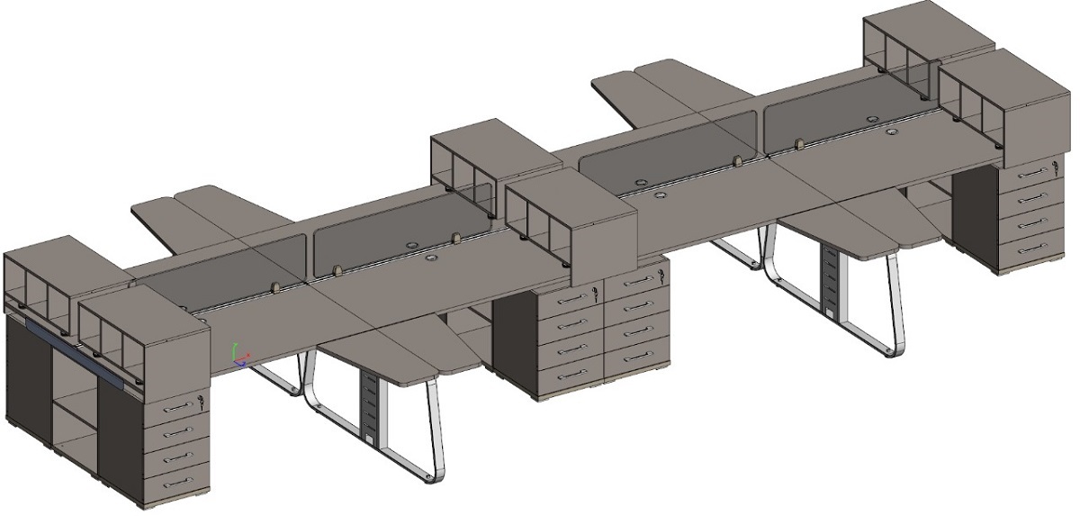 Бенч на 8 мест 6 контейнеров, 8 опорных тумб, 4 открытых вставки и экраны из оргстекла JNO956