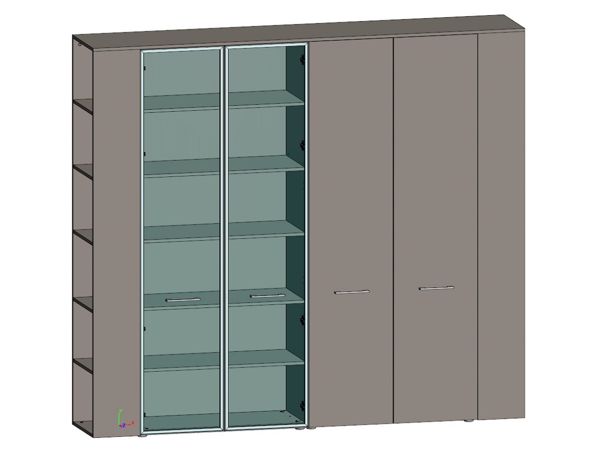 Шкаф высокий и гадероб с боковыми  стеллажами (двери в ал. рамке, стекло прозрачное и ЛДСП) JNO942.U727
