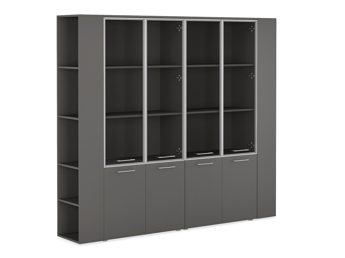 Двойной шкаф комбинированный с боковыми стеллажами (двери в ал. рамке, стекло прозрачное) JNO937.ANT