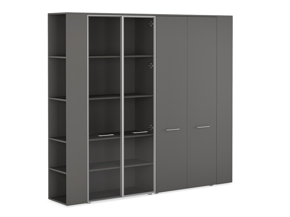 Шкаф высокий и гадероб с боковыми  стеллажами (двери в ал. рамке, стекло прозрачное и ЛДСП) JNO942.ANT